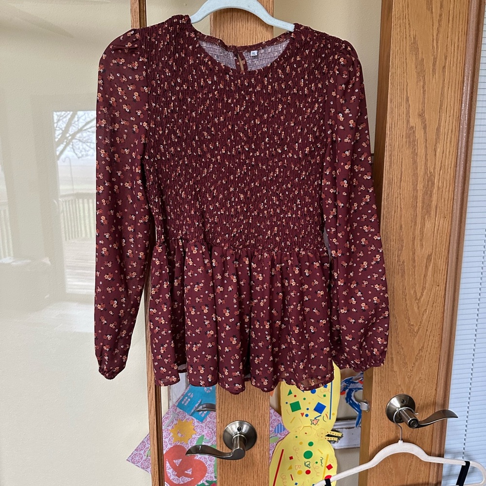 Floral Burgundy Long Sleeve Blouse